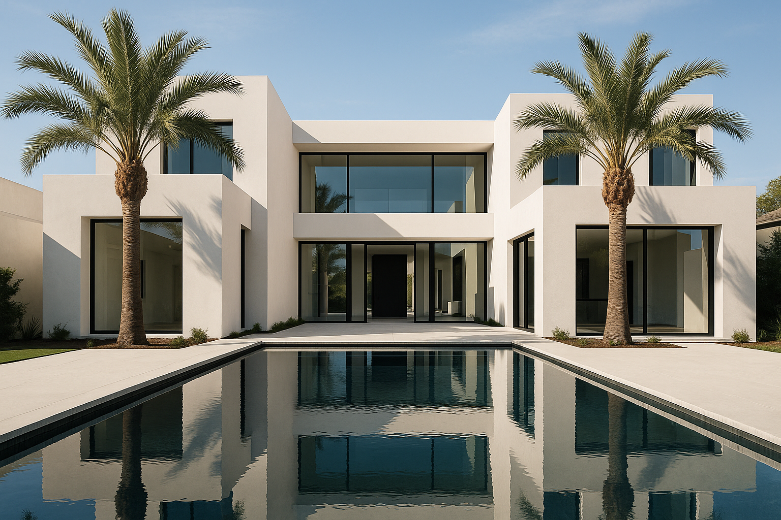 Minimalist $7M+ custom home in Newport Beach — pure white stucco, black-framed glass, infinity pool, mature palms