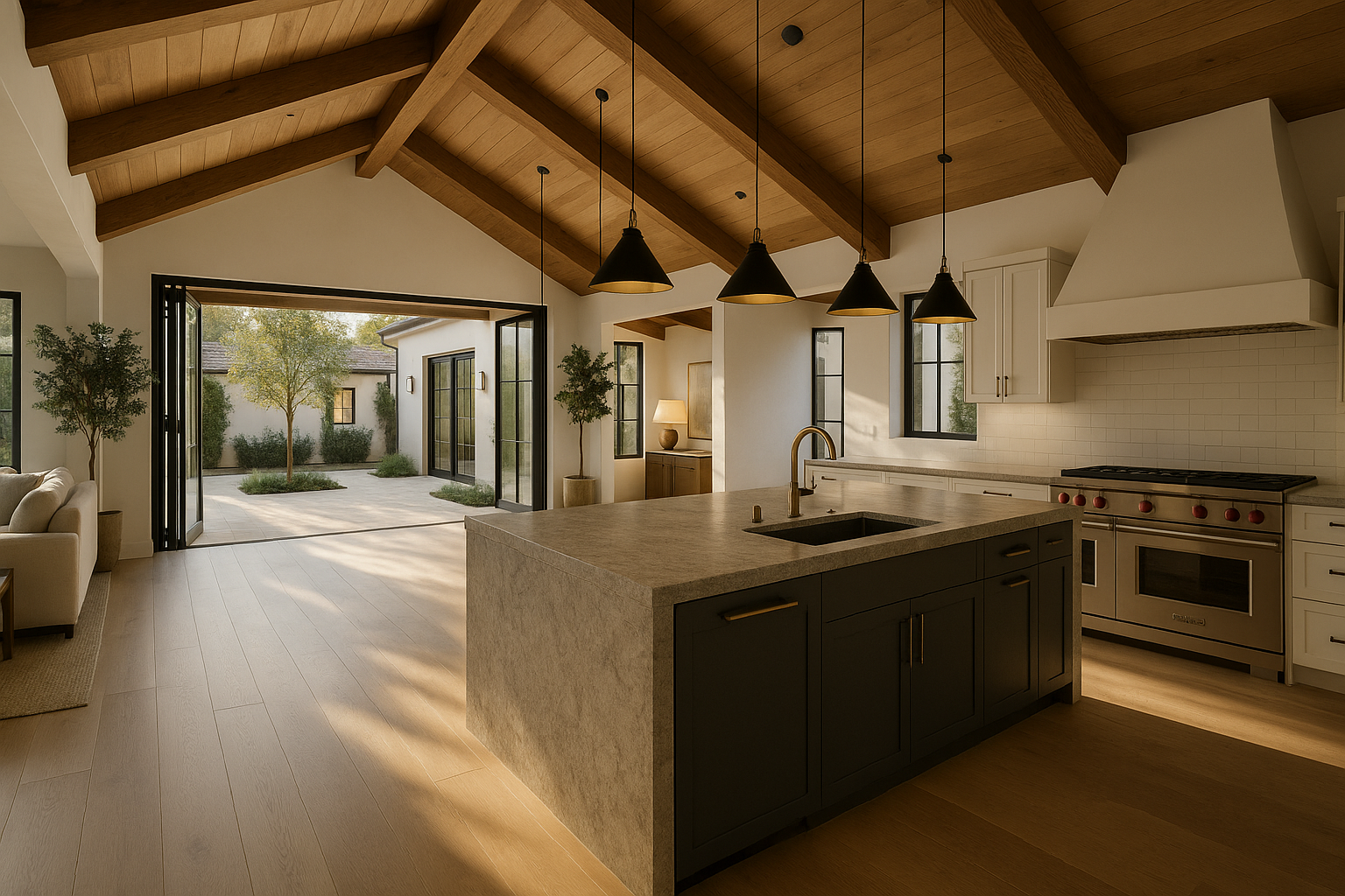 Warm modern interior with vaulted wood ceiling