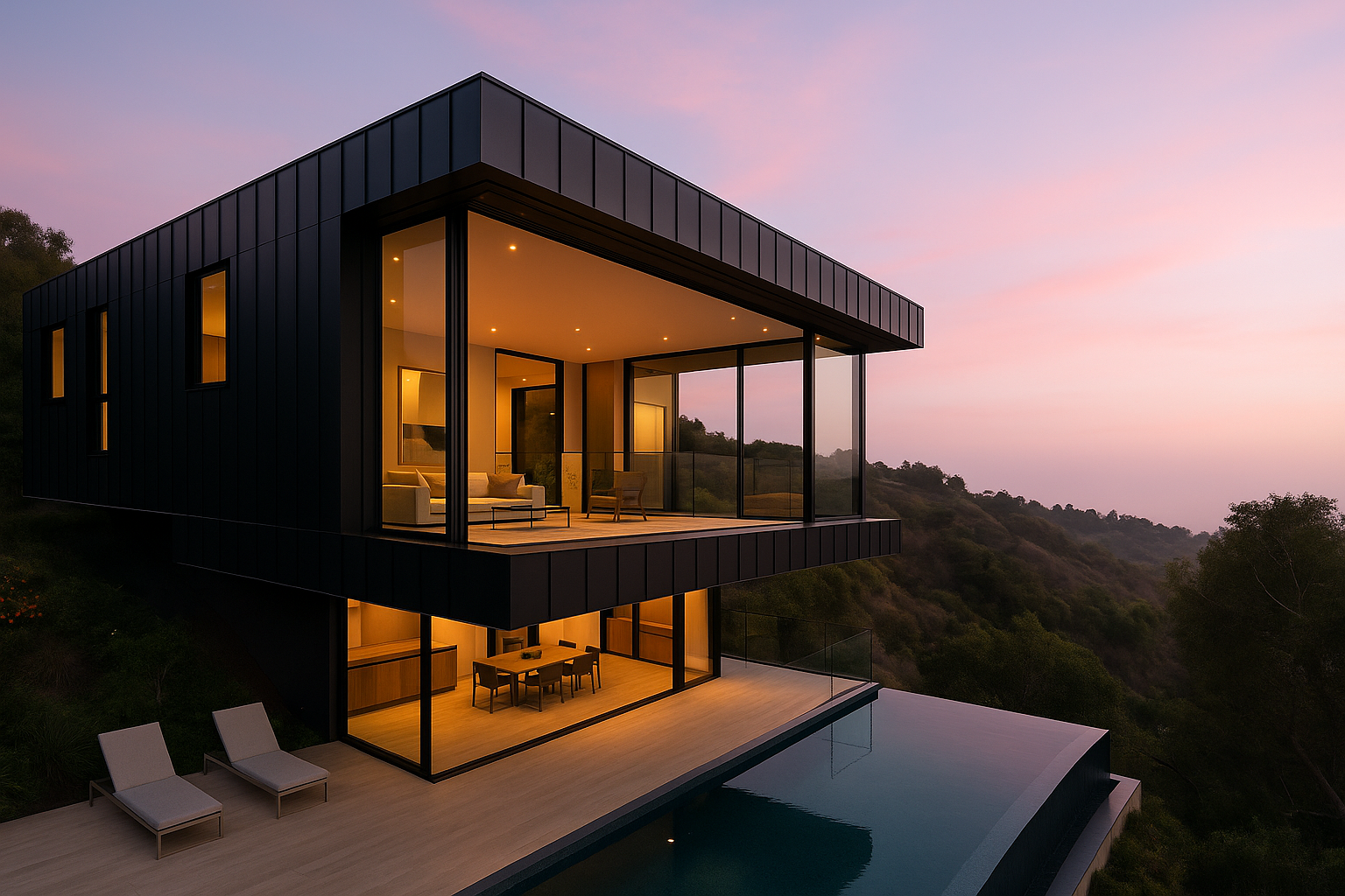 Modern custom home cantilevered over a Pacific Palisades hillside at twilight — black metal cladding, infinity pool, warm interior light
