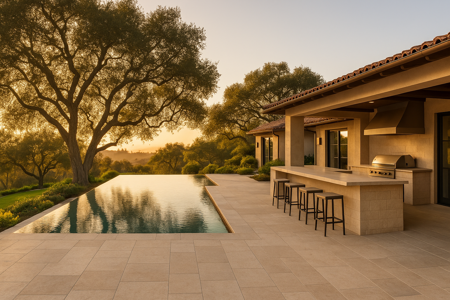 Poolside terrace of a Rancho Santa Fe custom estate — limestone deck, infinity pool, outdoor kitchen, mature oaks